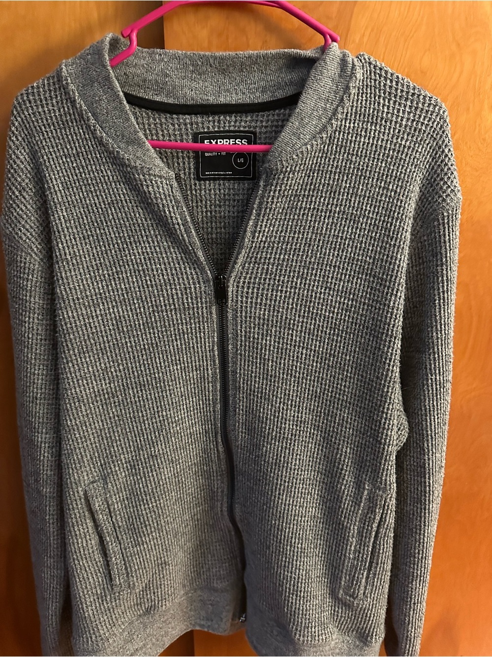 Express Gray Ribbed Zip-Up Hoodie Sweater